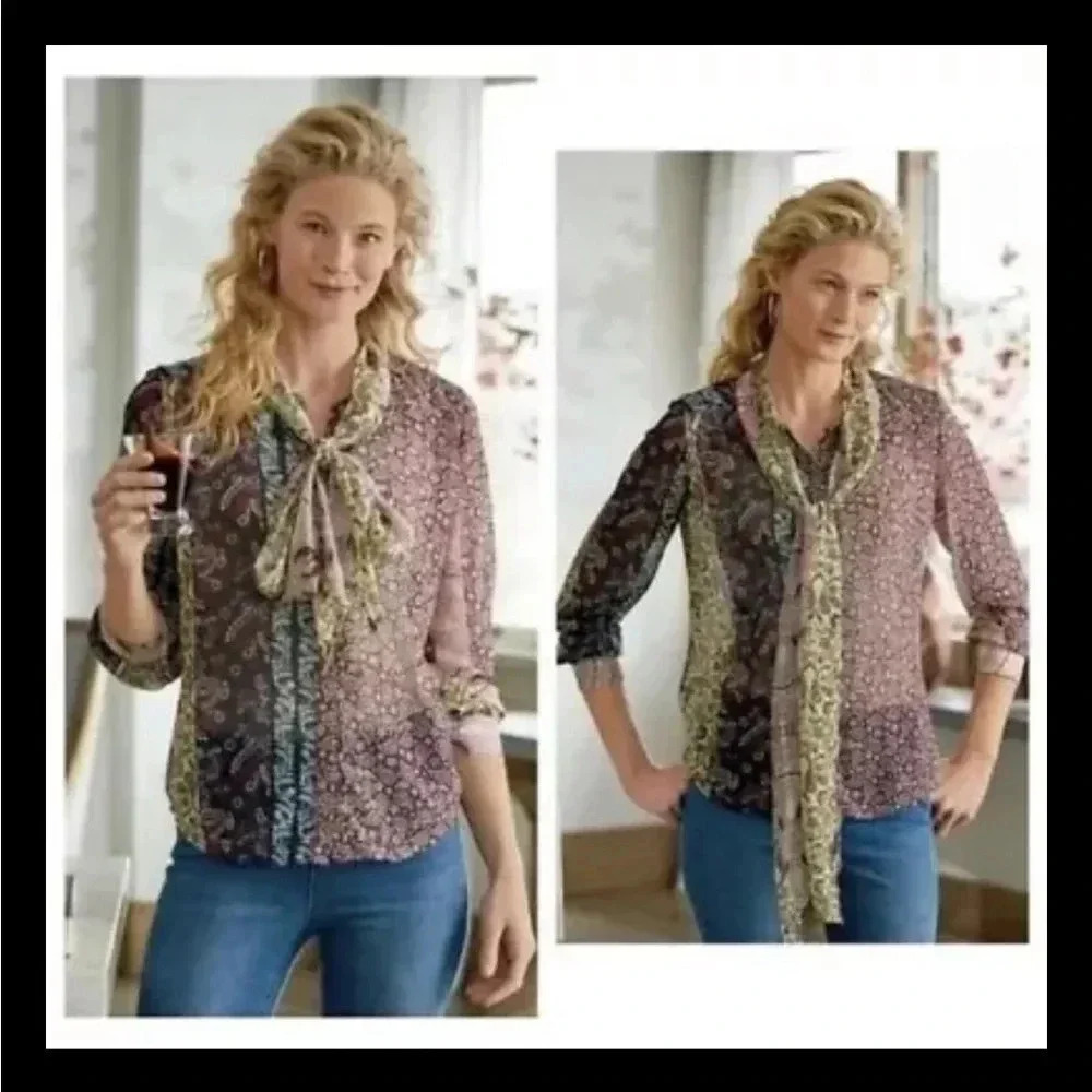 Soft Surroundings Shirt Top PL Colorful Mix Paisley Semi Sheer Tie Neck Langdon